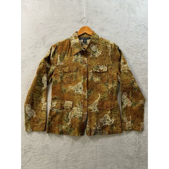 Vintage Silkland Women’s Large 100% Silk Button Up Shirt Big Cats Tiger Leopard - Picture 1 of 6